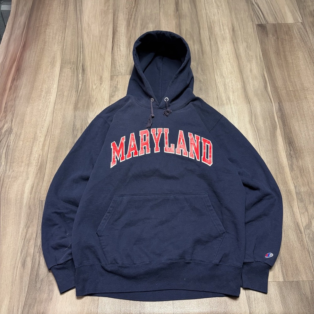 Vintage Champion Maryland Hoodie Navy Blue Large Made in USA Terrapins 90s